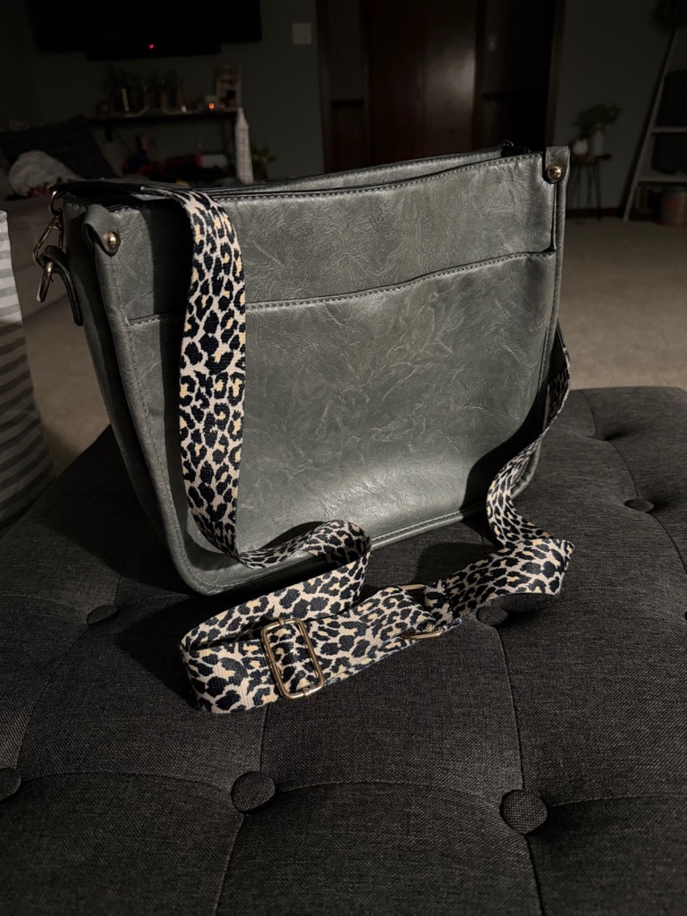 Olive Green Crossbody Bag with Leopard-Print Strap